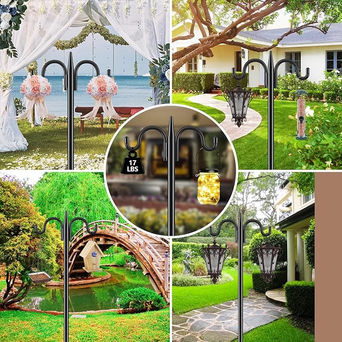 Gtongoko Bird Feeder Pole Squirrel Proof, 92 Inch Double Shepherds Hook for Outdoor with Squirrel Baffles Adjustable Heavy Duty with 5 Prongs Base for Hanging Plants, Bird Feeders, Black