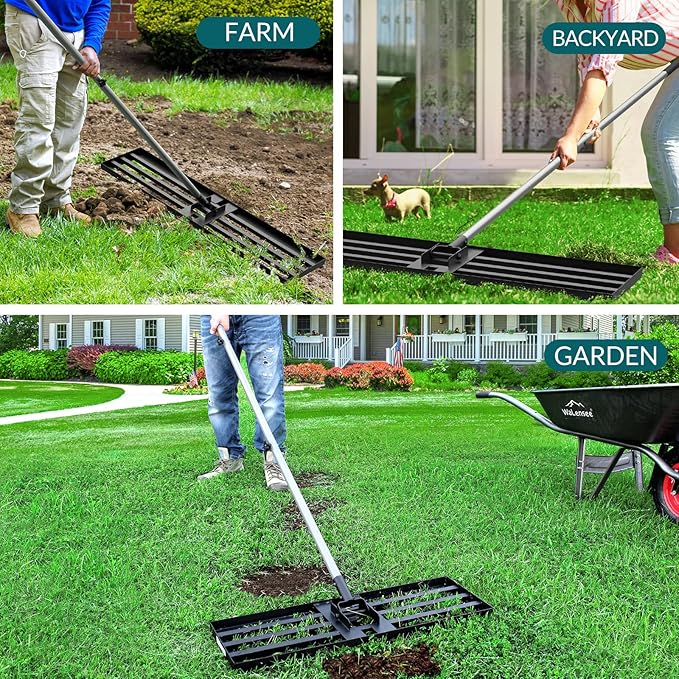 Walensee Lawn Leveling Rake, 6.5FT 17"x10" Levelawn Tool, Heavy Duty Effort Saving Lawn Level Tool, Stainless Steel Handle Lawn Leveler for Yard Garden Golf Course, Ease Level Soil Sand Dirt Surfaces
