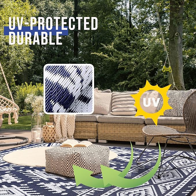 OLANLY Outdoor Rug Waterproof 9x12 ft, Reversible Outdoor Plastic Straw Rug, Boho Patio Rug, Indoor Outdoor Carpet, RV Mat Outside for Patio, Camp, Picnic, Balcony, Deck, Backyard, Navy & White