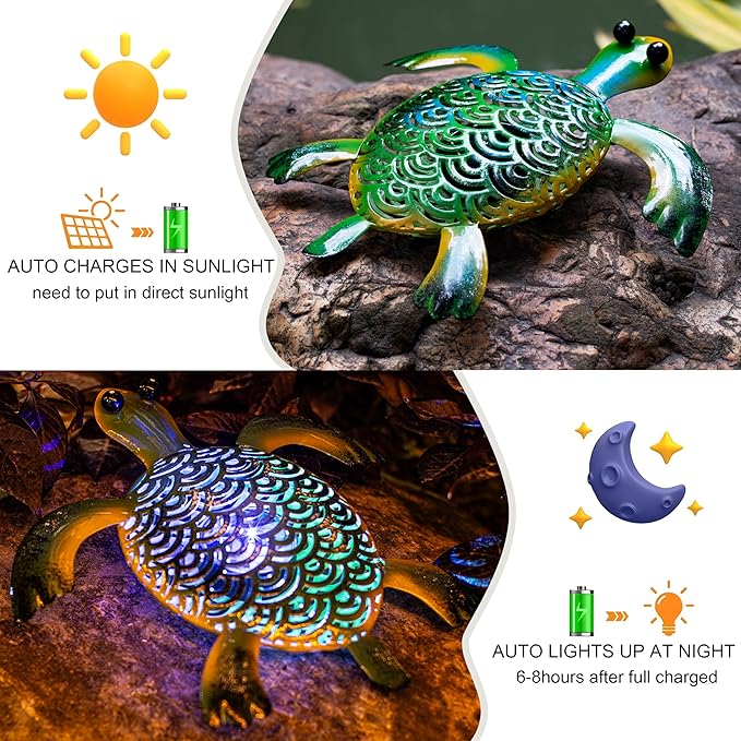 Natelf Solar Powered Turtle Statue Outdoor Decor Metal Animal Yard Art Waterproof Outdoor Sculptures for Patio, Yard, Balcony, Yard Ornament - Unique Housewarming Gifts