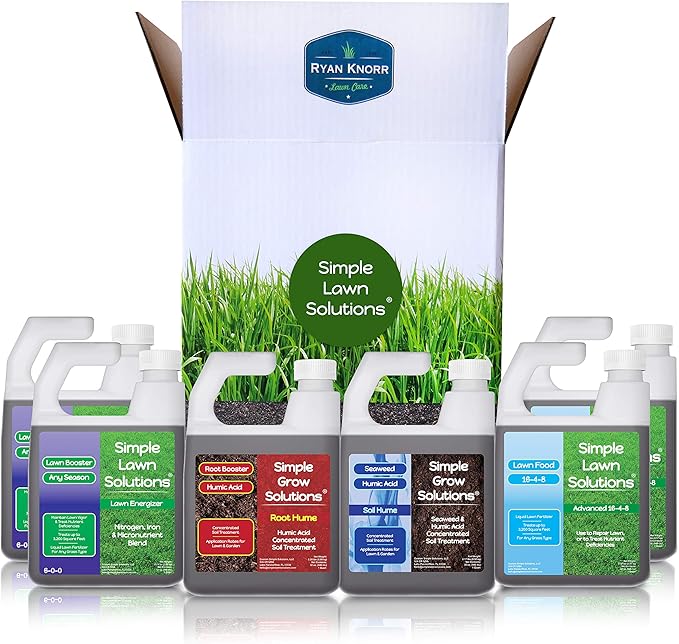 Simple Lawn Solutions - Ryan Knorr - Lawn Essentials Bundle Box - 6 Piece Set- Lawn Food 16-4-8 NPK, Lawn Energizer Booster, Root Hume- Humic Acid, Soil Hume- Seaweed, Humic Acid (32 Ounce Bundle)