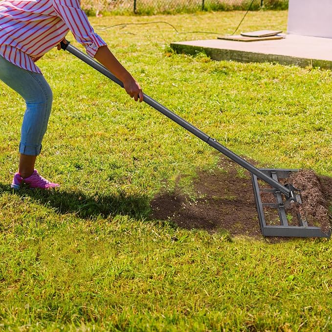 Lawn Leveling Rake with Rounded Edges, 17x10'' Leveling Rake with Tines to Level The Lawn, Heavy Duty Lawn Leveling Tool with 77'' Adjustable Handle to Make The Lawn Leveling Job Much Easier