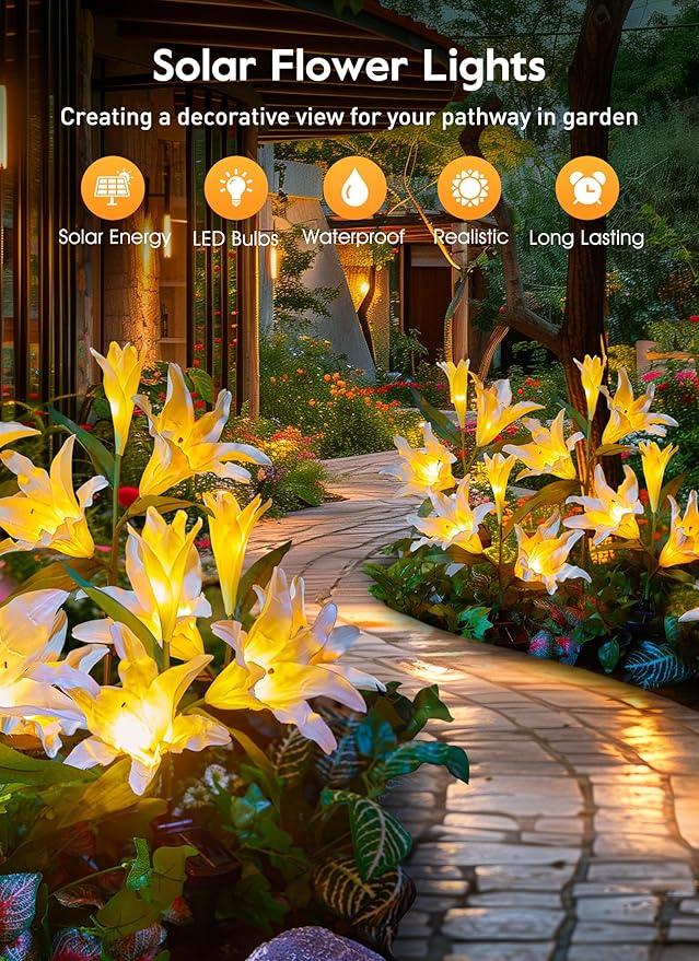 Brightown Outdoor Solar Garden Lights - 4 Pack LED Flower Lights with Larger Lily, Bigger Solar Panel, Waterproof for Outside Yard Patio Garden Decorations, White