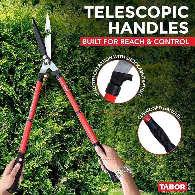 TABOR TOOLS B212A Telescopic Hedge Shears with Wavy Blade and Extendable Steel Handles. Extendable Manual Hedge Clippers for Trimming Borders, Boxwood, and Tall Bushes.