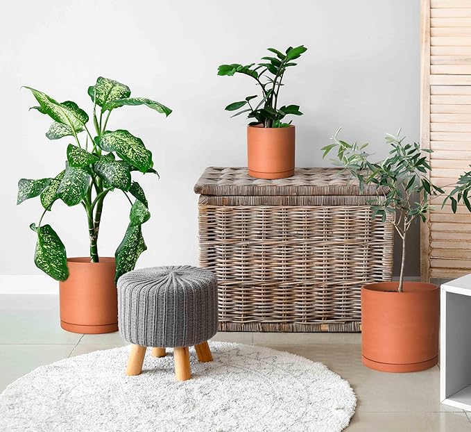 D'vine Dev Terracotta Pots for Plants, 6.5 Inch 7.8 Inch 9.6 Inch, Round Cylinder Planter Pot with Drainage and Saucer, 40-T-C-0