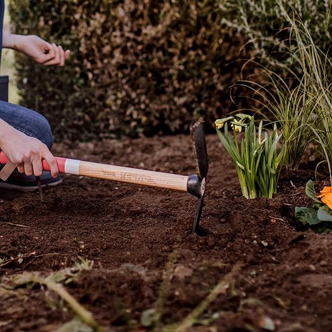 Adler - The Rosie Garden Hoe, Heavy Duty Yard Tool Lawn Care, Loosening Soil, Weeding, and Digging, Steel Head 10.6 inches, Wood Handle 17.7 inches (Rose)