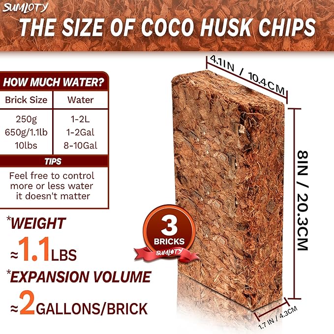 3 Pack Cocount Husk Chips-3.3LB Organic Coco Chips with Low EC & PH Balanced, High Expansion Coconut Substrate Coco Husk Mulch for Garden Flowers, Planting, Reptile, Indoor & Outdoor