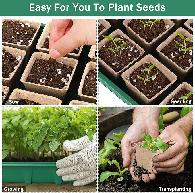6 Pack Seed Starter Tray Kit with 120 Square Peat Pots for Seedlings, Including Plants Labels, Planting Tools, Growing Trays Plastic Germination Tray Paper Starter Pods for Plant Seeds, Green