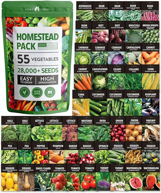HOME GROWN 55 Vegetable Seeds Pack | Spring, Fall, Winter Heirloom Vegetables | Non-GMO Garden Survival Seed Vault - Prepper Gear Supplies | Gifts for Men Women Gardeners