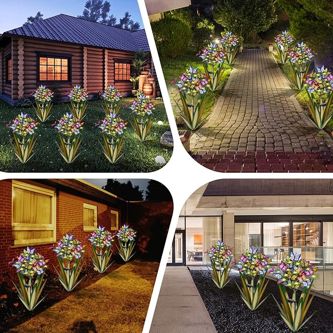 Solar Metal Agave Butterfly Flower Stick Garden Sculpture Outdoor Gift Solar Garden Christmas Lights Swaying Butterfly Garden Lights Solar Outdoor (2 PCS Light Green)