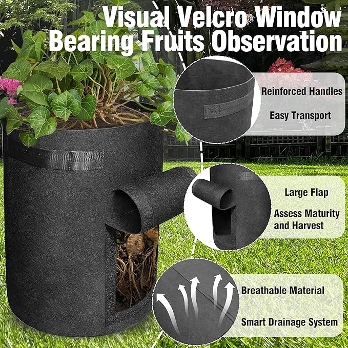 Gardzen 6 Pack BPA-Free 10 Gallon Vegetable Grow Bags with Access Flap and Handles, Suitable for Planting Potato, Taro, Beets, Carrots, Onions, Peanut