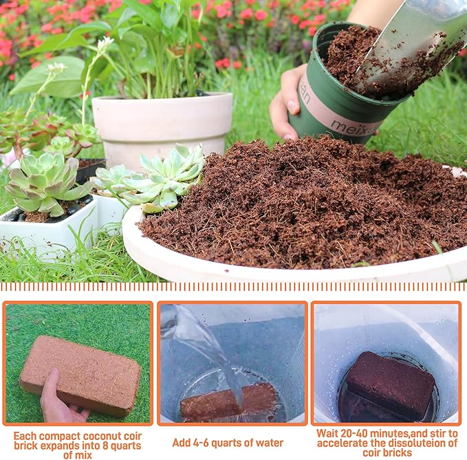 Premium Organic Coconut Coir Bricks - 6 Pack Coco Coir Bricks for Planting, Gardening, and Potting Soil Substrate. Low EC & pH Balanced 100% Organic Peat Moss Mix with Fiber from Coconut Husks