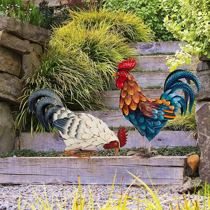 Shorayn Metal Rooster Statues, Outdoor Garden Statues, Metal Chicken Decor, Garden Sculptures & Statues, Chicken Ornaments Yard Art for Backyard Patio Lawn Decorations, Set of 2