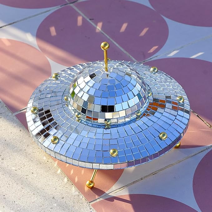 UFO Disco Ball Silver Disco Ball Decor Disco Spaceship Retro Reflective Décor Mirror Decorations for Home,Party,Garden,Handmade Gift (8 * 6inch)