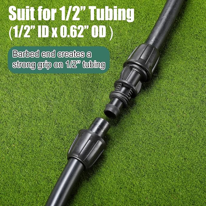 Frienda 40 Pcs Barbed Tee 1/2 Inch Tubing (1/2" IDx0.6-0.63" OD) 16mm to 1/4 Inch Irrigation Tube Fittings Drip Irrigation Parts Anti Drop Locked Reducing Tee for Drip Hose, Green and Black