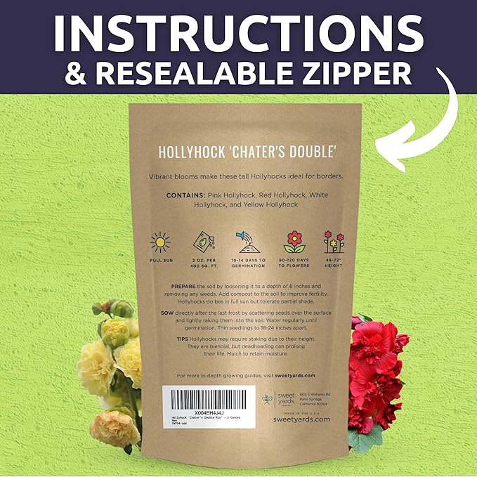 Hollyhock 'Chater's Double' Mix - Bulk 2 Ounce Pouch - 6,000 Flower Seeds for Planting - Alcea rosea