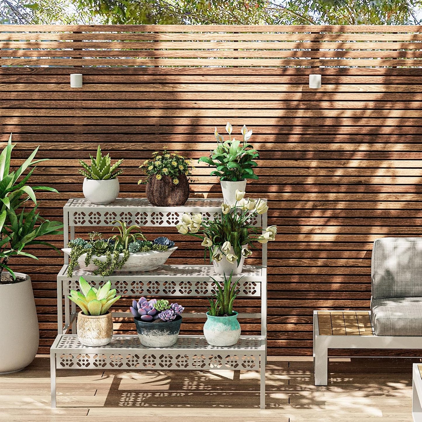 Garden 4 you 3 Tiers Metal Plant Stand,Rectangular Ladder Flower Pots Outdoor Plant Rack, Indoor Plant Display Rack, Heavy Duty Utility Storage Organizer for Home Garden Patio Balcony, Stair Style(White)