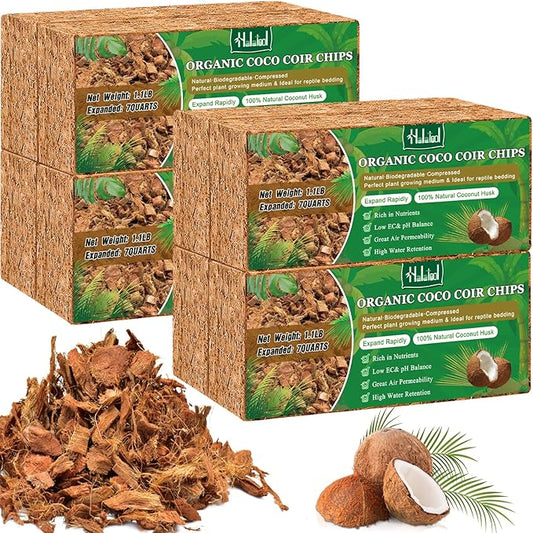 Halatool 8 Pcs Coconut Coir Chips for Plants - 8.8 LB 100% Organic Coco Husk Chip Bricks with Low EC and pH Balanced, Compressed Coco Substrate Growing Mulch Medium for Garden Herbs, Plants, Flowers