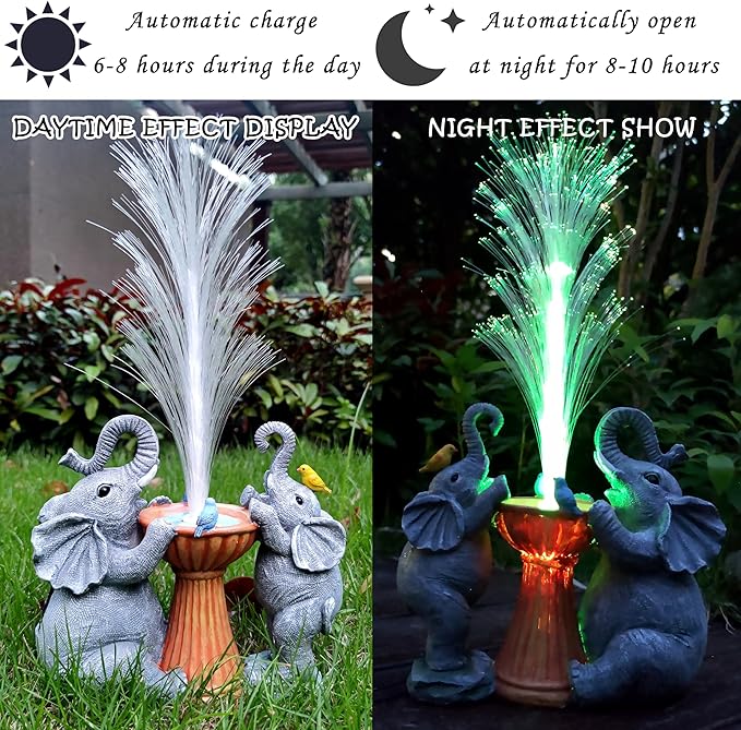 Elephant Statue Solar Garden Decor,Resin Elephant Statue and Colour Changing Optical Fiber Solar Lights,Outdoor Decor for Balcony, Garden, Patio, Yard, Lawn, Gifts for Mom Grandma