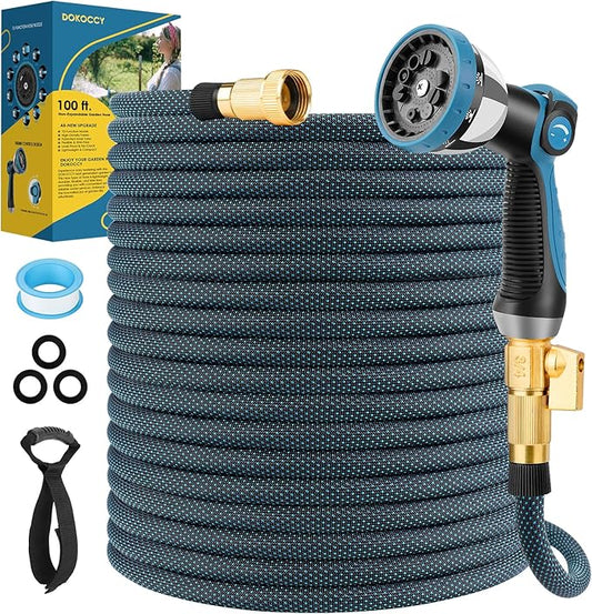Non-Expanding Garden Hose 100 ft, Flexible Kink Free Water Hose with 10 Watering Spray Nozzle, Lightweight Hose Pipe, Leak-Proof, Durable, 3/4" Brass Alloy Connector, Portable Storage Strap