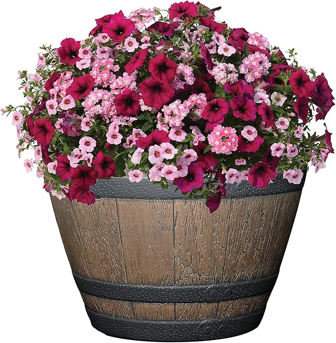 Classic Home and Garden Whiskey Plastic Resin Flower Pot Barrel Planter, Walnut Brown, 15"