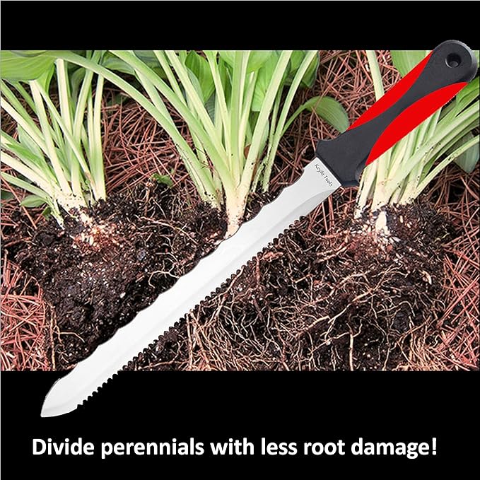 Keyfit Tools Spartan Garden Knife Perennial Splitter Divider Super Sharp Double Sided Serrated Stainless Steel 8” Blade 5” Ergonomic Rubber Handle Hori Hori Knife Gardening Tools