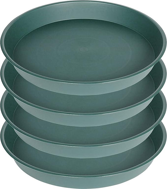 4 Pack of 16 inch Plant Saucer (13.5" Base), Heavy Duty Plastic Plant Tray for Pots, Flower Water Trays for Indoors, Bird Bath Bowls, Plant Drip Saucers for Planter 14"/15"/16" (Green)