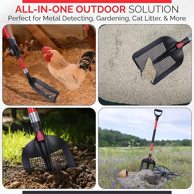 Sand Sifting Shovel Heavy-Duty for Metal Detecting, Gardening, Cat Litter Chicken Coop Poop Cleaning and Beach Play - Durable Metal Mesh Scoop with Ergonomic Handle