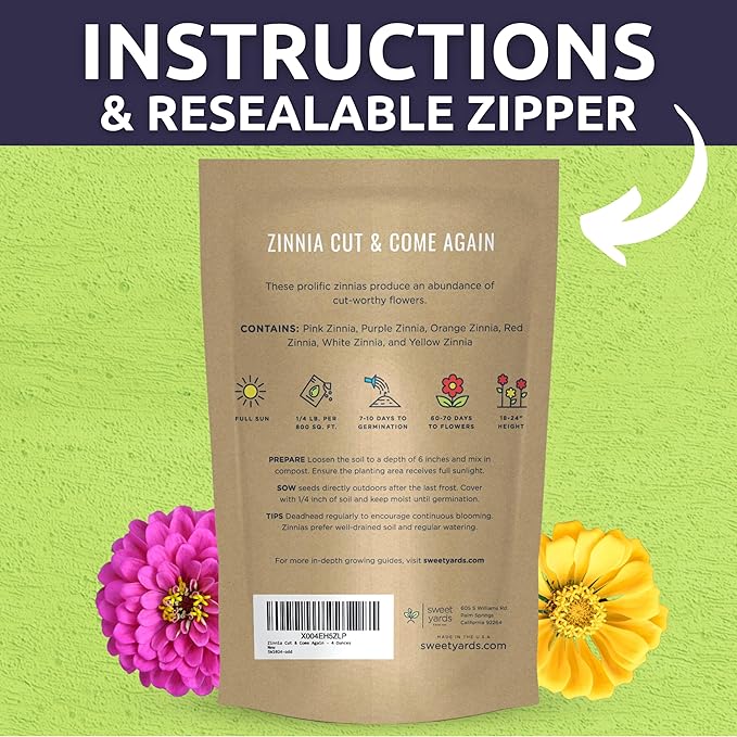 Zinnia Cut & Come Again Mix - Bulk 1/4 Pound Pouch - 15,000 Flower Seeds for Planting - Zinnia elegans