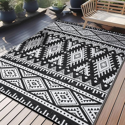 OLANLY Outdoor Rug Waterproof 9x18 ft, Reversible Outdoor Plastic Straw Rug, Boho Patio Rug, Indoor Outdoor Carpet, RV Mat Outside for Patio, Camp, Picnic, Balcony, Deck, Backyard, Black & White