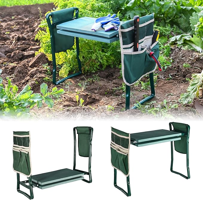 Upgraded Garden Kneeler and Seat with Oversized 10"x16" Pad– Foldable Kneeler and Stool for Gardening, Heavy Duty Gardening Stool with 2 Tool Pouches