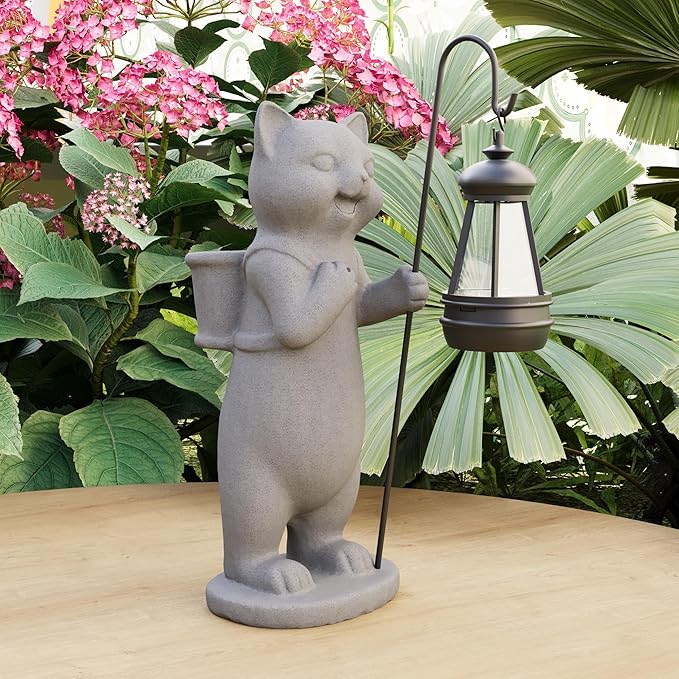 Solar Powered Garden Resin Statue Lights, 10 Inch Waterproof Outdoor Animal Cute Cat Figurine Lights, Suitable for Patios, Balconies, Lawns, Courtyards, Etc. (Basket)