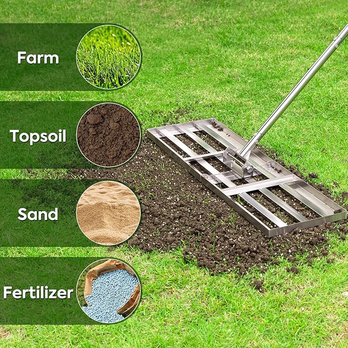 Lawn Leveling Rake 30x10 inch, Heavy Duty Lawn Leveling Rake with 6.5FT Adjustable Handle, Stainless Steel Effort Saving Levelawn Tool for Grass, Golf Field, Level Soil or Dirt Ground