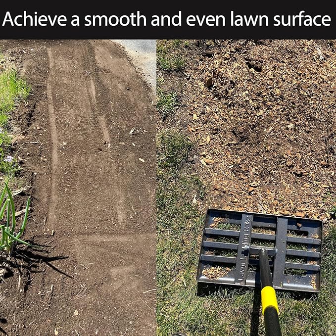 Lawn Leveling Rake, Heavy Duty Levelawn Tool for Garden Level Soil or Dirt Ground Surfaces Easily, 17” x 10” Ground Plate, Steel Handle Length is 60 inch