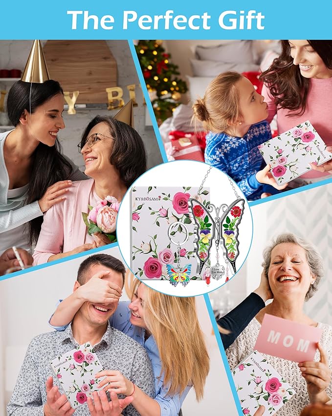 KY&BOSAM I Love You Mom Butterfly Suncatcher for Window Gift for Mom Pressed Flower Between Wings in Glass Metal Engraved Charm Gift for Women Mother's Day Valentine's Birthday Thanksgiving Christmas