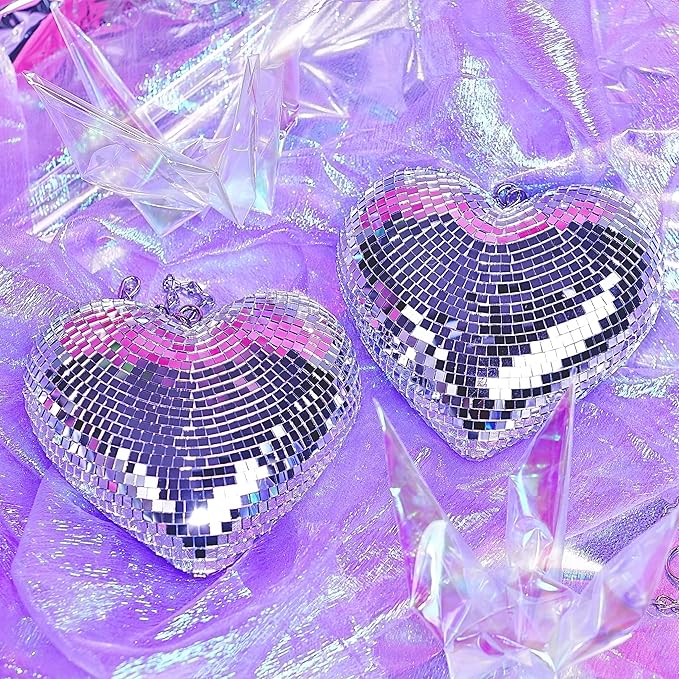 Disco Balls 2 Pack Silver Heart-Shaped Stage Mirror Balls Hanging Decor for Party, Room, Wedding, Garden, Retro Reflective Disco Ball Handmade Gifts (6.3 inch)