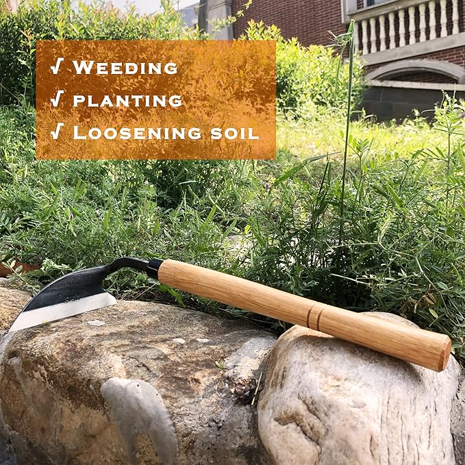 SHANFEEK Grass Sickle Japanese Weeding Hoe Garden Hand Tool Weeding Tools for Garden High-Strength Steel with Solid Wood Handle(Yellow)