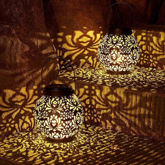 Set of 2 Solar Lantern Outdoor Hanging Decorative Lights for Garden Patio Porch Decorations. (Black)