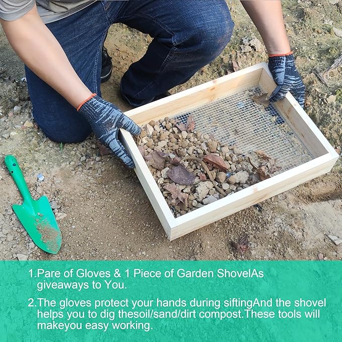 15.74" x 11.81" Soil Sifter - Steel Wire Mesh & Natural Wood Dirt Sifter for Gardening - Compost, Rock, & Dirt Sifter Tool with Gloves and Trowel- Essential Garden Tool for Flower & Vegetable Planting