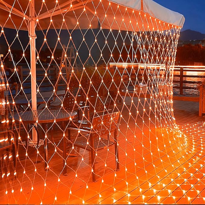 WATERGLIDE Outdoor Halloween Net Lights, 12FT x 5FT 360 LED Fairy String Light with 8 Lighting Modes, Connectable Light Safe Adaptor for Garden Tree, Bushes, Holiday Wedding Party Decorations, Orange
