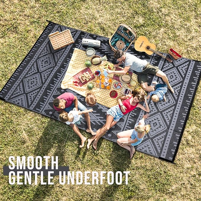 OLANLY Outdoor Rug Waterproof 9x18 ft, Reversible Outdoor Plastic Straw Rug, Boho Patio Rug, Indoor Outdoor Carpet, RV Mat Outside for Patio, Camp, Picnic, Balcony, Deck, Backyard, Black & Grey