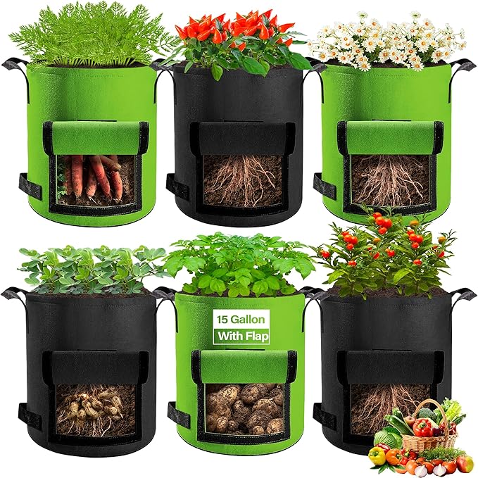 6 Pack Potato Grow Bags 15 Gallon with Flap, Grow Bags for Growing Potatoes, Duarable Fabric Garden Planter Pots with Harvest Window for Vegetable and Fruits, Black & Green