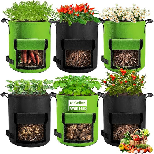 6 Pack Potato Grow Bags 15 Gallon with Flap, Grow Bags for Growing Potatoes, Duarable Fabric Garden Planter Pots with Harvest Window for Vegetable and Fruits, Black & Green