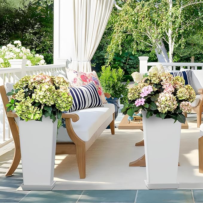 Set of 2 Large Tall Planter for Indoor or Outdoor 24" Tall Flower Pots Tapered Tall Planters with Tray for Porch, Patio, Backyard, Large Planters for Outdoor Indoor Plants(White)