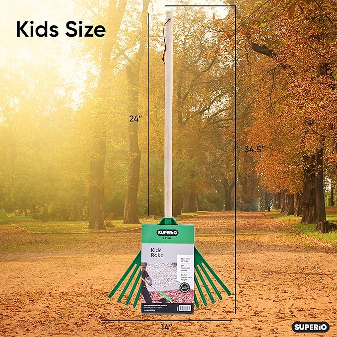 Superio Kids Rake with Hardwood Handle, Gardening and Lawn Care Tools for Kids, Sweep Leaves and Tidying Up The Garden, Plastic Tines and Heavy Duty Wooden Handle 34"