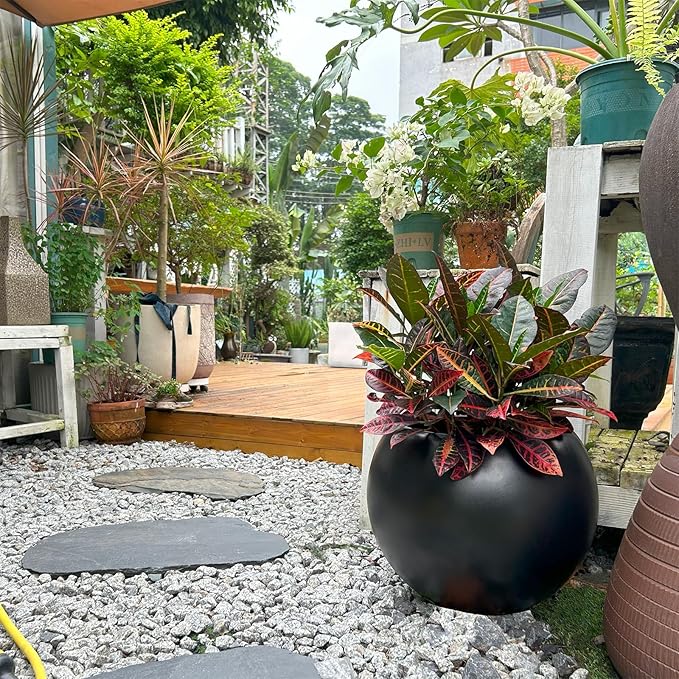 13.5 H x 17" Dia (12" Pot Opening) Black Round Fiberstone Planter with Drainage Hole, Indoor/Outdoor Large Plant Pot for Home Patio Garden, Ideal for Large Plants