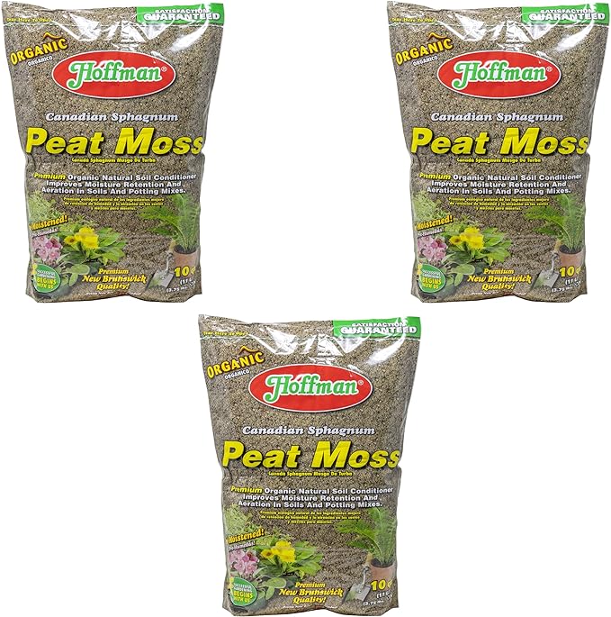 Hoffman Canadian Sphagnum Peat Moss Soil Conditioner to Improve Moisture Retention and Aeration, 10qt Bag, Pack of 3