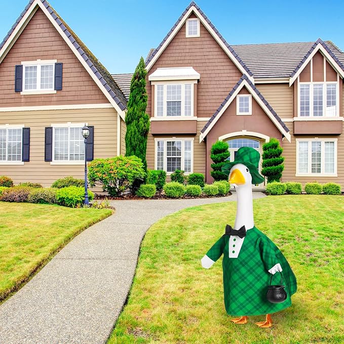 St Patrick's Green Plaid Goose Outfit Lawn Porch Goose Clothes 23 Inch St Patricks Day Outdoor Patio Yard Lawn Art Decoration