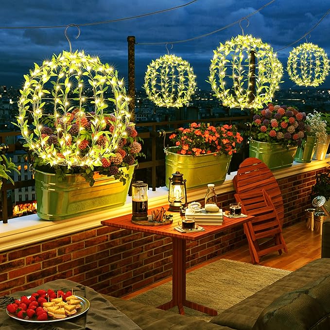 Joomer Solar Hanging Lights Outdoor, 2 Pack 12in 120 LED Solar Globe Lights, 8 Modes Waterproof Foldable Metal Sphere Light with Hook for Garden Yard Porch Decor-Warm White (Ball with Green Leaf)