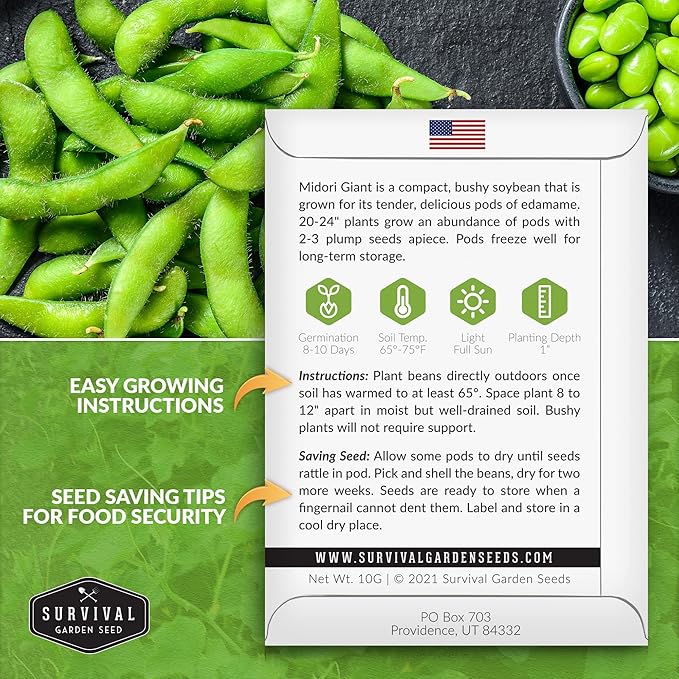 Survival Garden Seeds - Midori Giant Soybean Seed for Planting - 5 Packs with Instructions to Plant and Grow Protein-Rich Edamame Pods in Your Home Vegetable Garden - Non-GMO Heirloom Variety